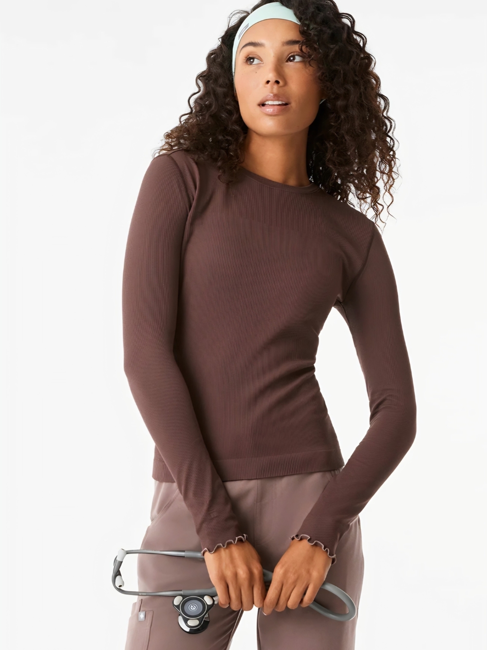 FIGS Chocolate Brown Ribbed Long-Sleeved Salta.